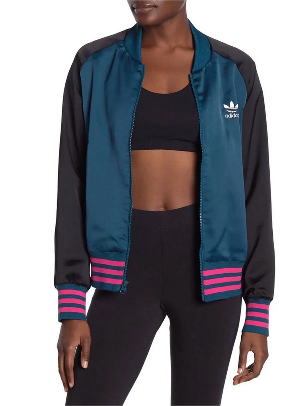 adidas Originals Satin Bomber Jacket Teal Black Pink Trefoil ED4 - Medium